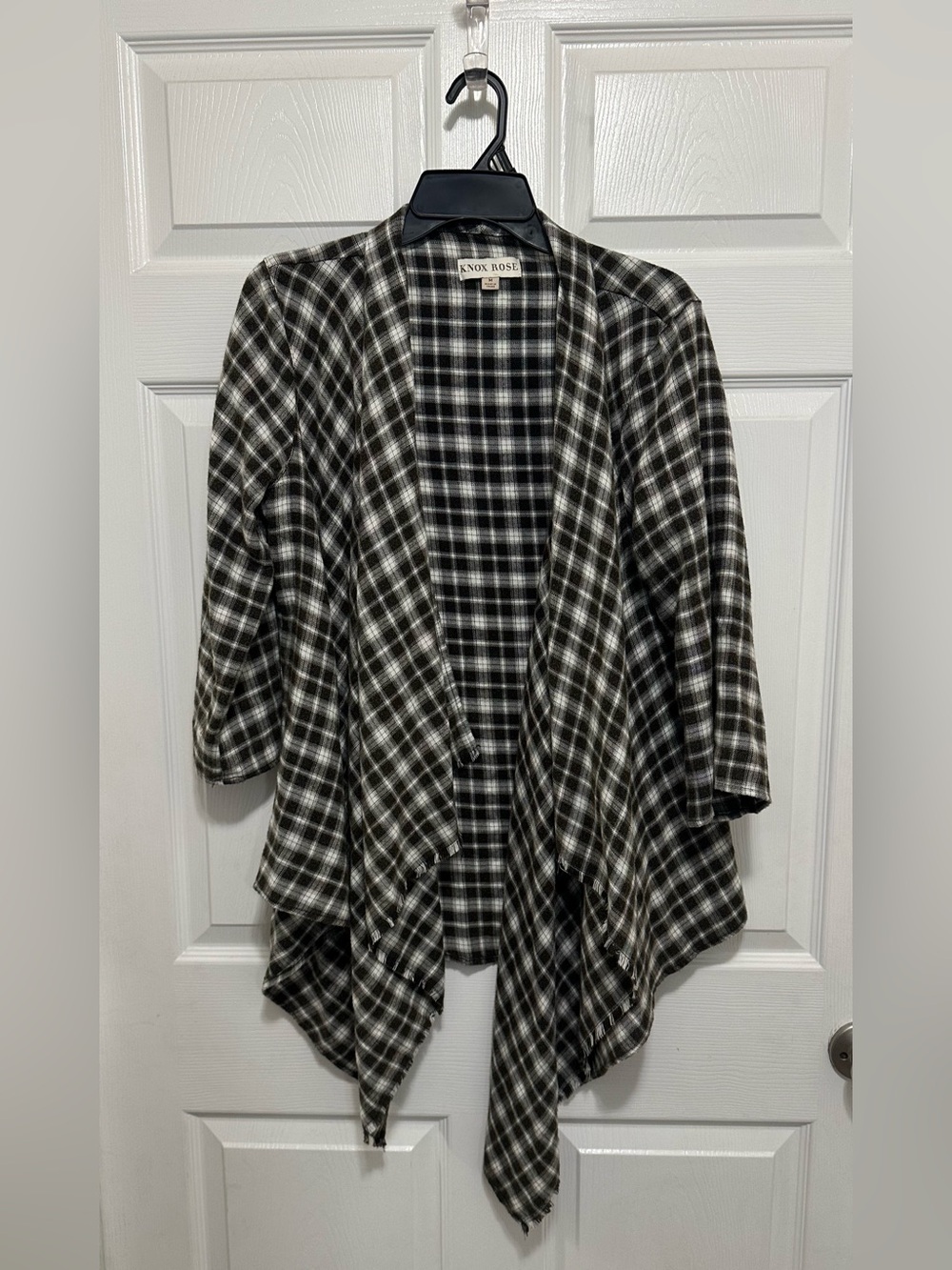 Knox Rose Plaid Open Front Cardigan M Medium Waterfall Shawl Fringe Hem Boho